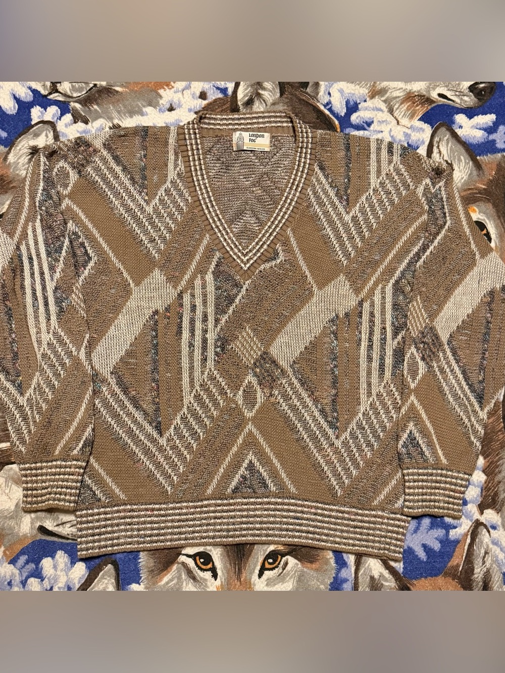 London Fog Brown & Cream Geometric V-Neck Sweater